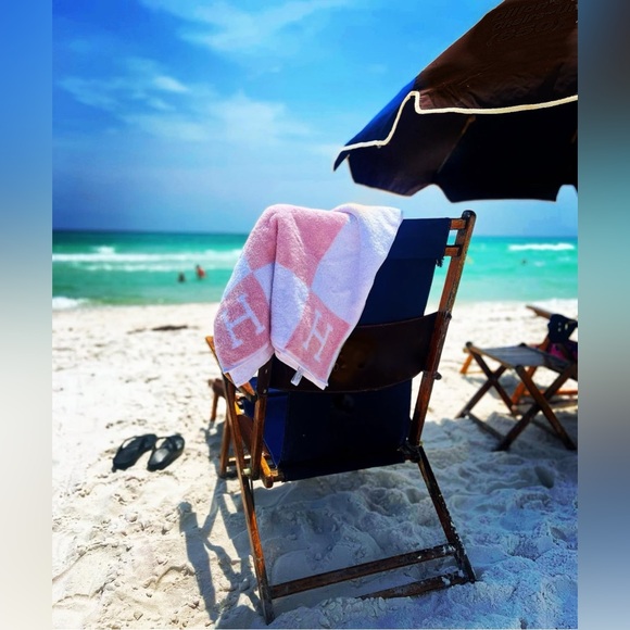 NWOT $220 Hermes Rose Lilas Pink White Towel jacquard terry 100% cotton dust bag - Picture 2 of 16